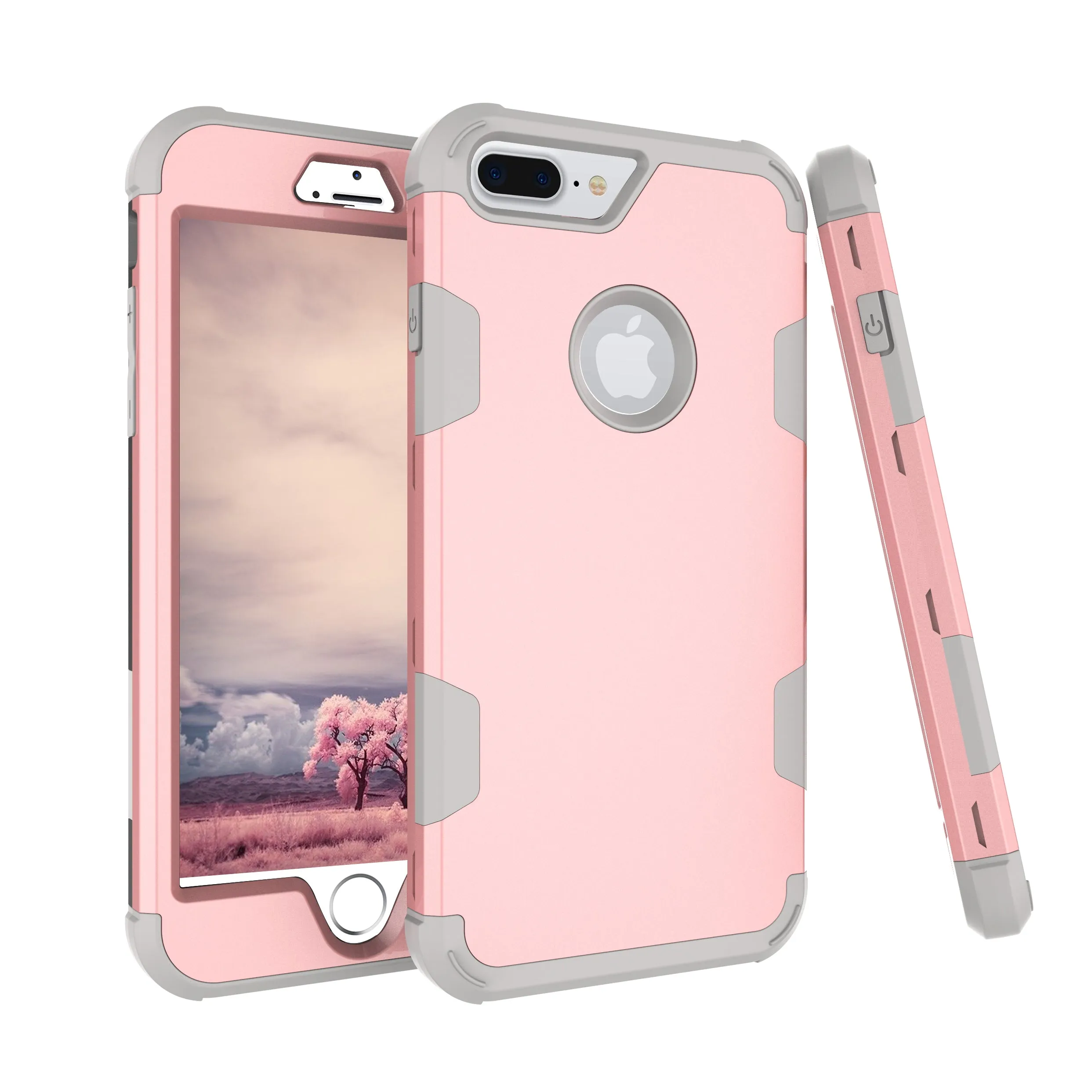 For iPhone 7 plus PC  Silicone 2 in 1 Hit Color Tri-proof Shockproof Dustproof Anti-fall Protective Cover Back Case Rose gold   gray