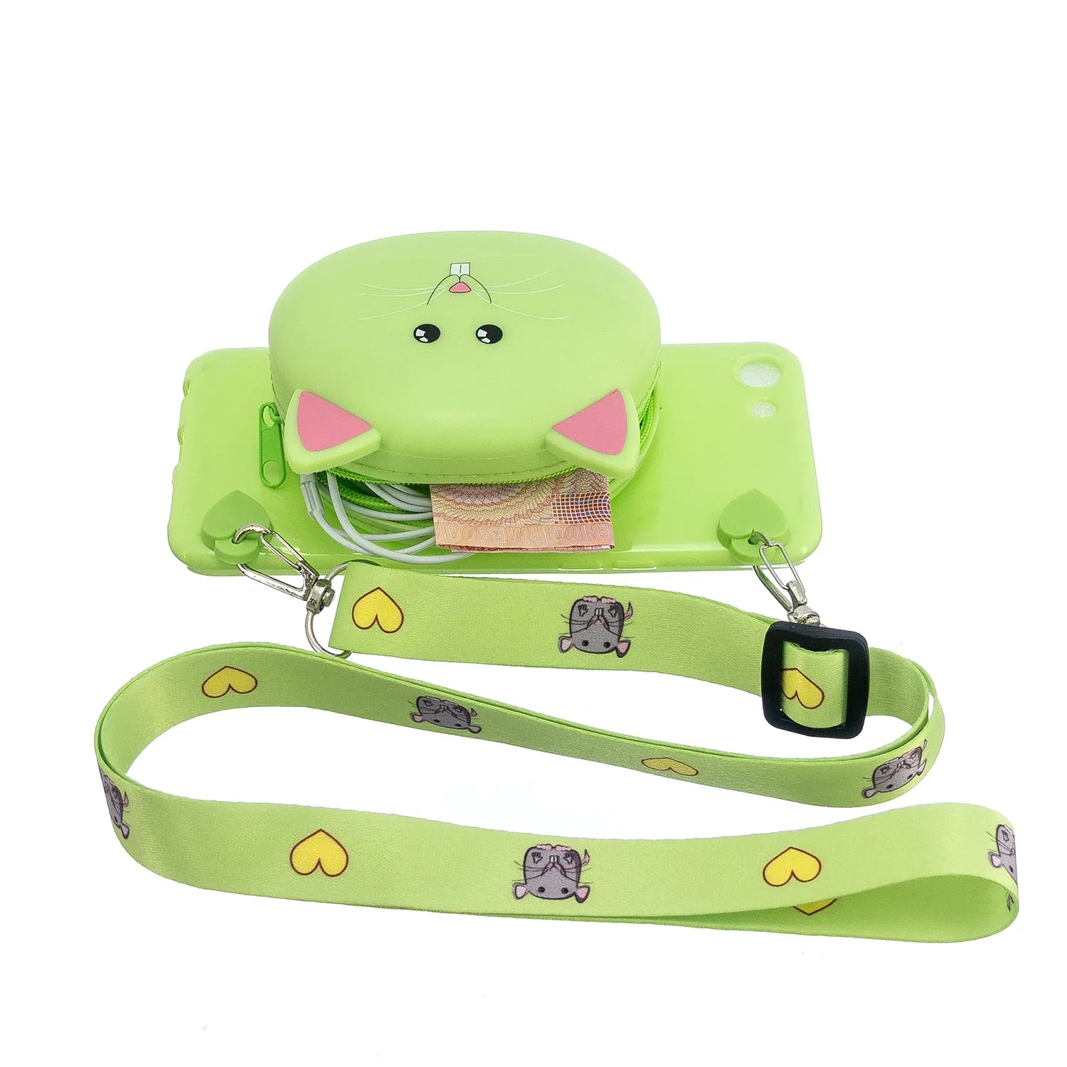 For OPPO A83/A9 2020 Cellphone Case Mobile Phone TPU Shell Shockproof Cover with Cartoon Cat Pig Panda Coin Purse Lovely Shoulder Starp  Green