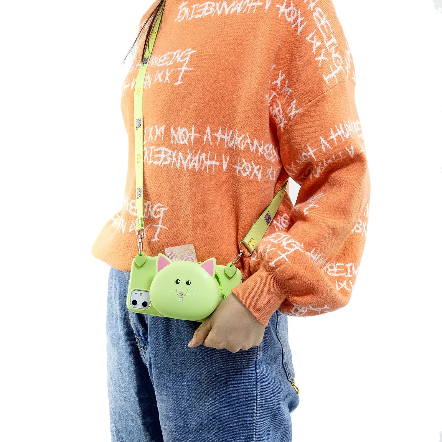 For OPPO A83/A9 2020 Cellphone Case Mobile Phone TPU Shell Shockproof Cover with Cartoon Cat Pig Panda Coin Purse Lovely Shoulder Starp  Green