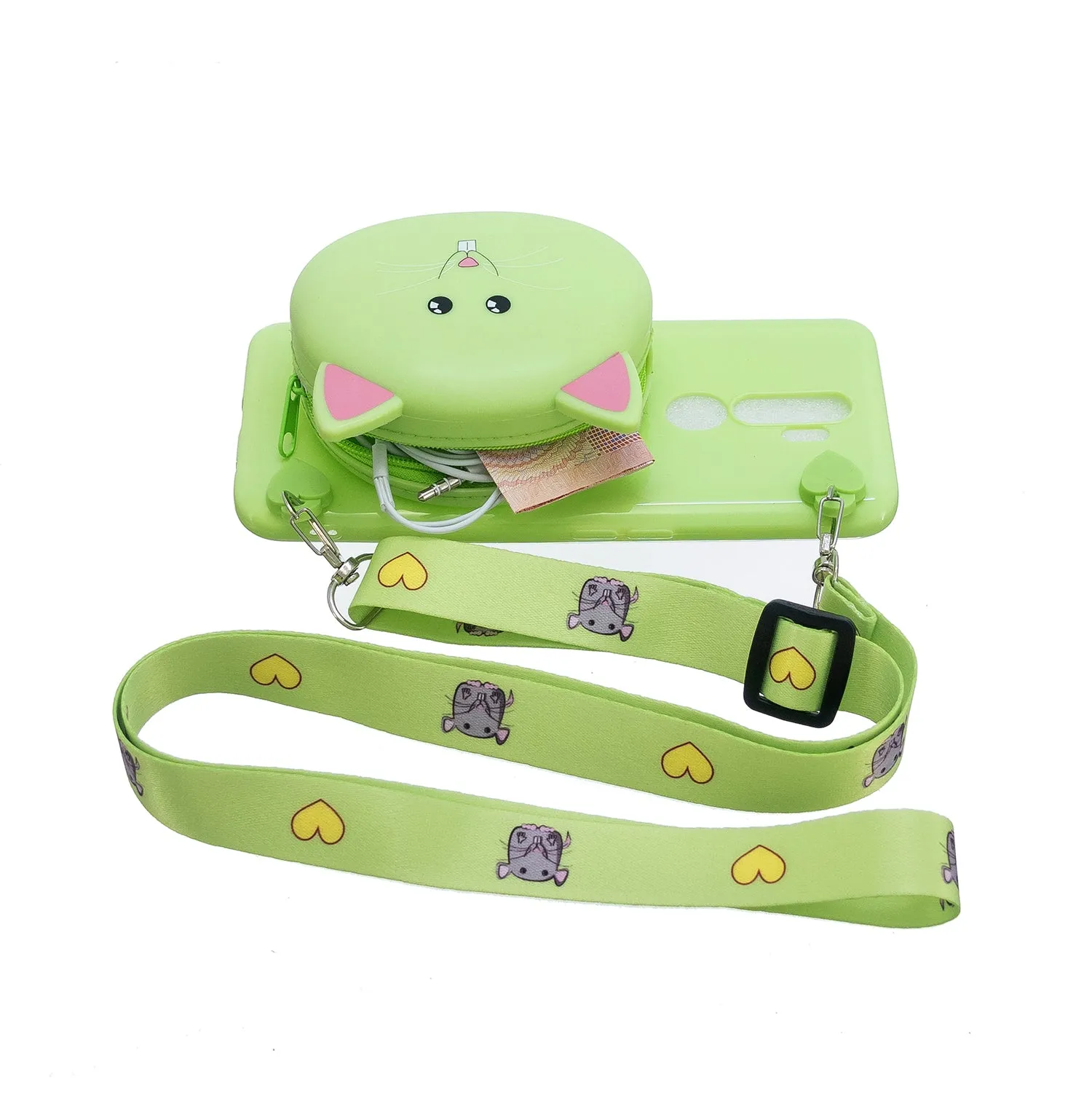 For OPPO A83/A9 2020 Cellphone Case Mobile Phone TPU Shell Shockproof Cover with Cartoon Cat Pig Panda Coin Purse Lovely Shoulder Starp  Green