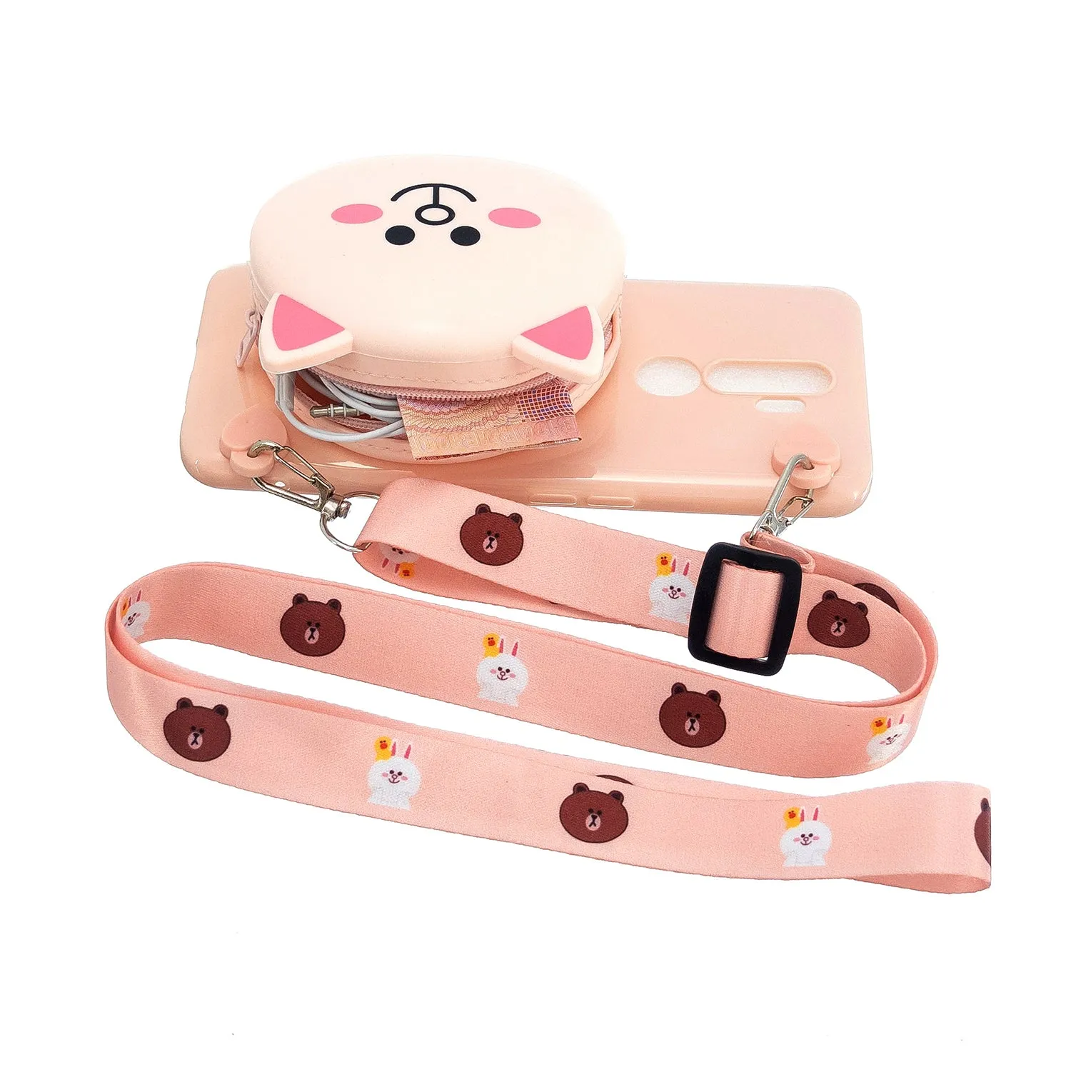 For OPPO A83/A9 2020 Cellphone Case Mobile Phone TPU Shell Shockproof Cover with Cartoon Cat Pig Panda Coin Purse Lovely Shoulder Starp  Pink