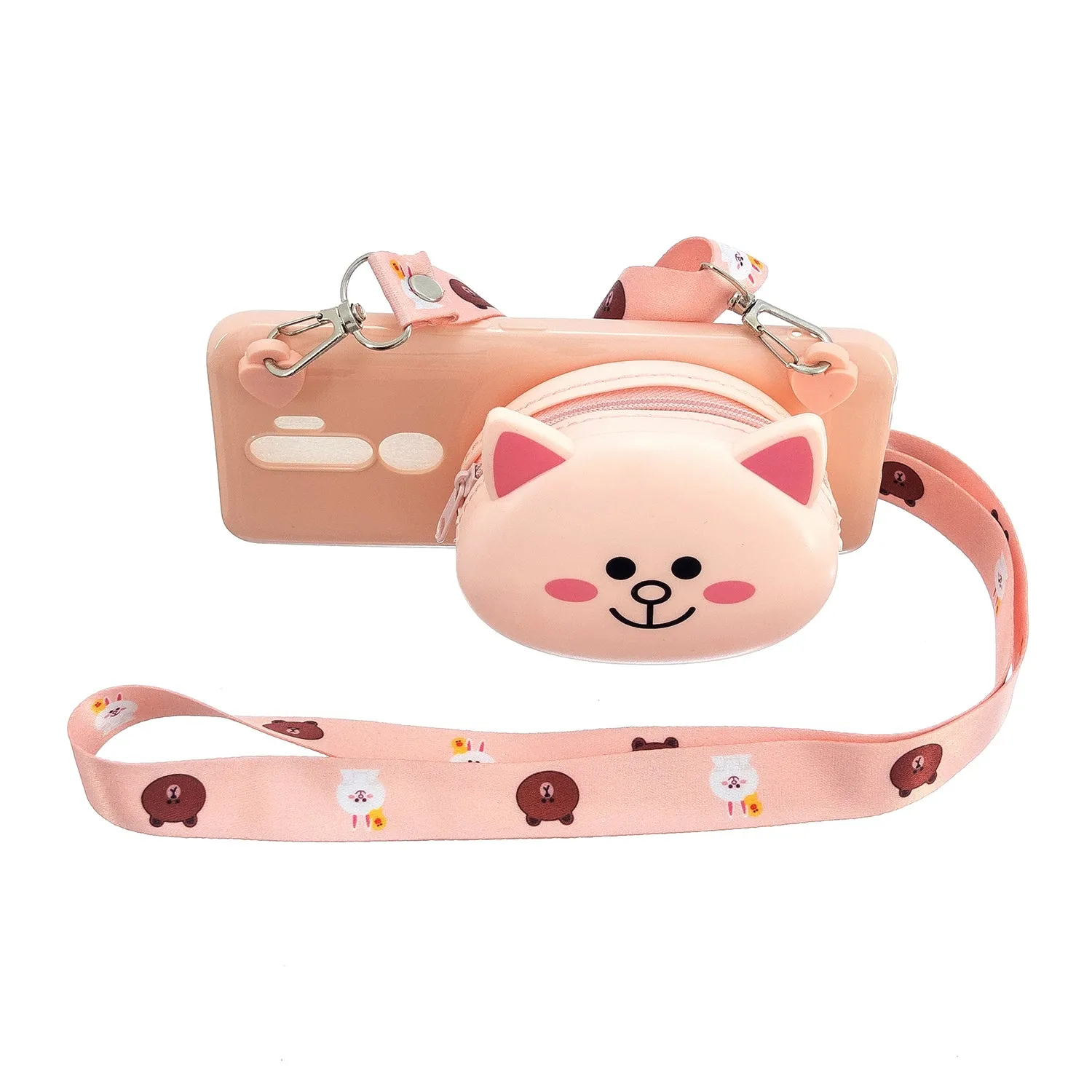 For OPPO A83/A9 2020 Cellphone Case Mobile Phone TPU Shell Shockproof Cover with Cartoon Cat Pig Panda Coin Purse Lovely Shoulder Starp  Pink