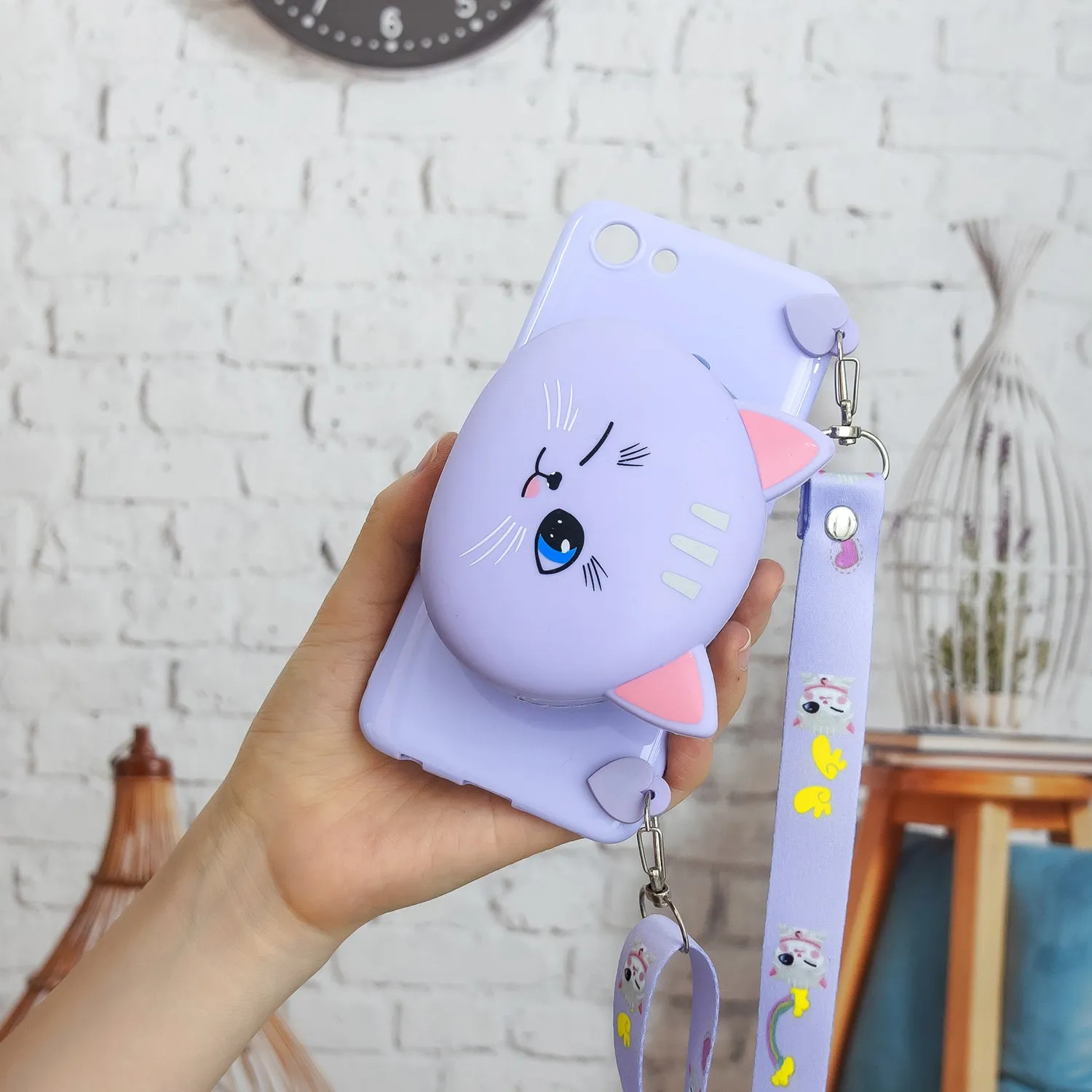 For OPPO A83/A9 2020 Cellphone Case Mobile Phone TPU Shell Shockproof Cover with Cartoon Cat Pig Panda Coin Purse Lovely Shoulder Starp  Pink