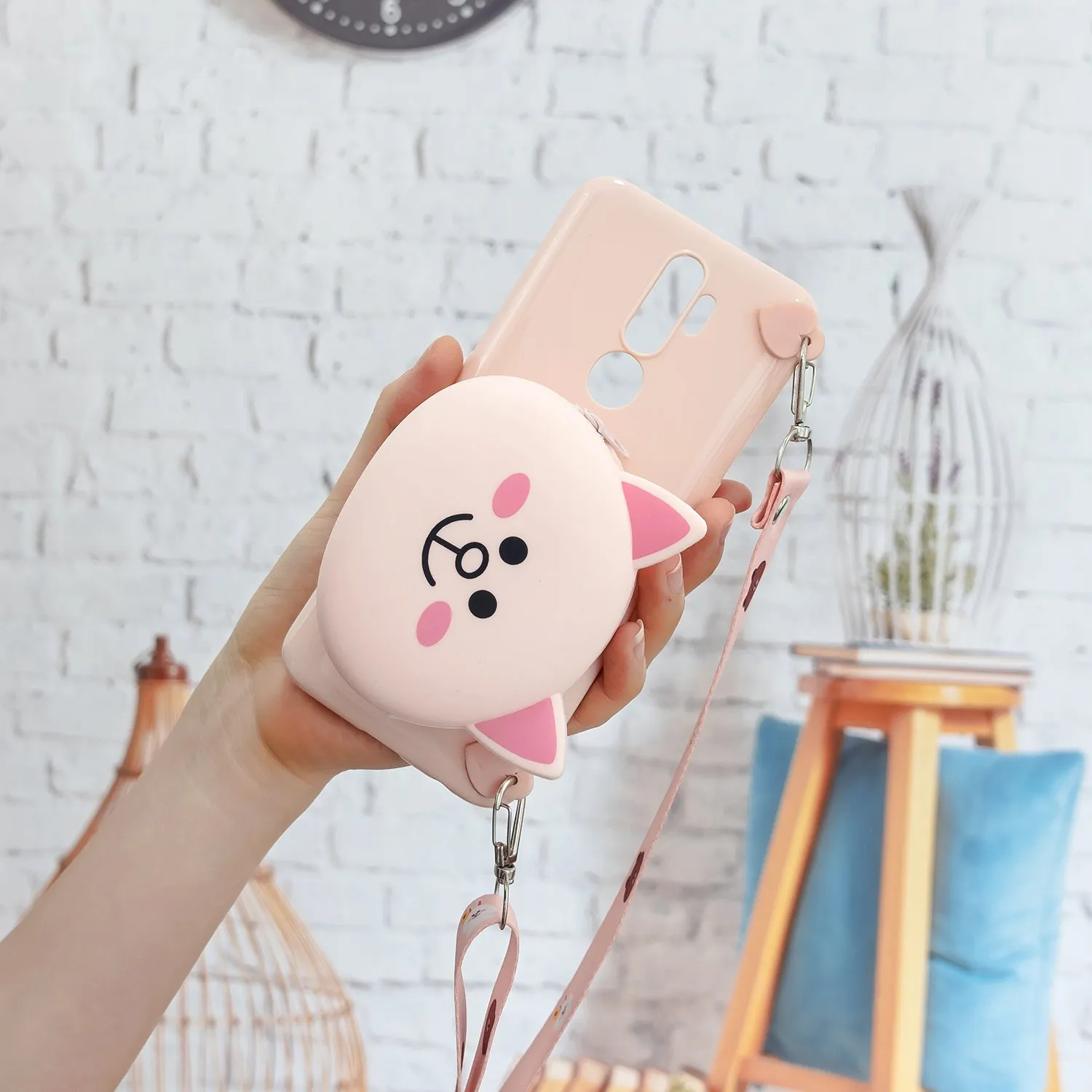 For OPPO A83/A9 2020 Cellphone Case Mobile Phone TPU Shell Shockproof Cover with Cartoon Cat Pig Panda Coin Purse Lovely Shoulder Starp  Pink