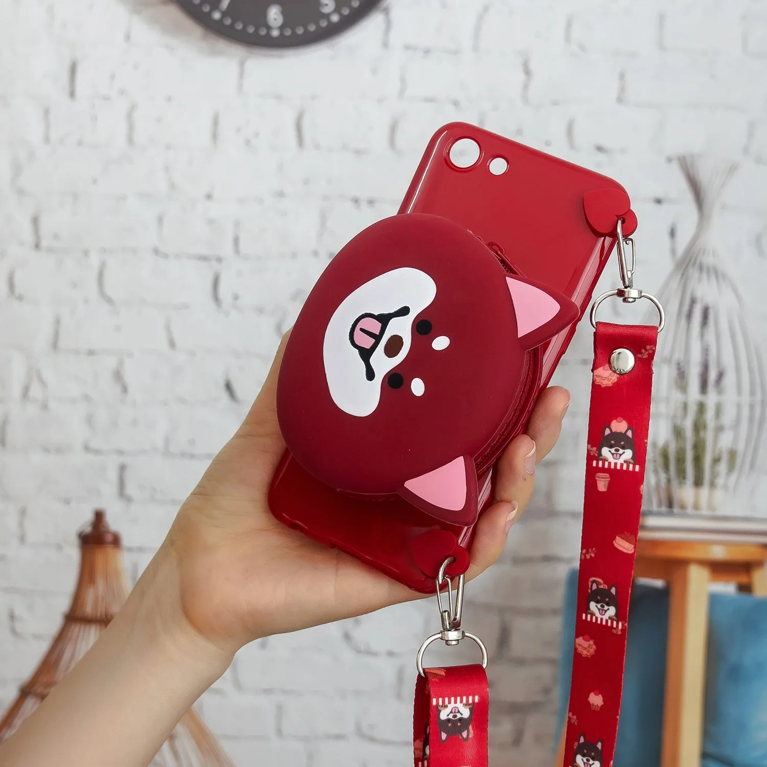 For OPPO A83/A9 2020 Cellphone Case Mobile Phone TPU Shell Shockproof Cover with Cartoon Cat Pig Panda Coin Purse Lovely Shoulder Starp  Red