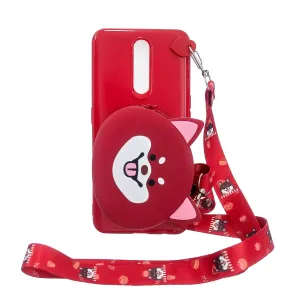 For OPPO F11/F11 Pro Cellphone Case Mobile Phone TPU Shell Shockproof Cover with Cartoon Cat Pig Panda Coin Purse Lovely Shoulder Starp  Red