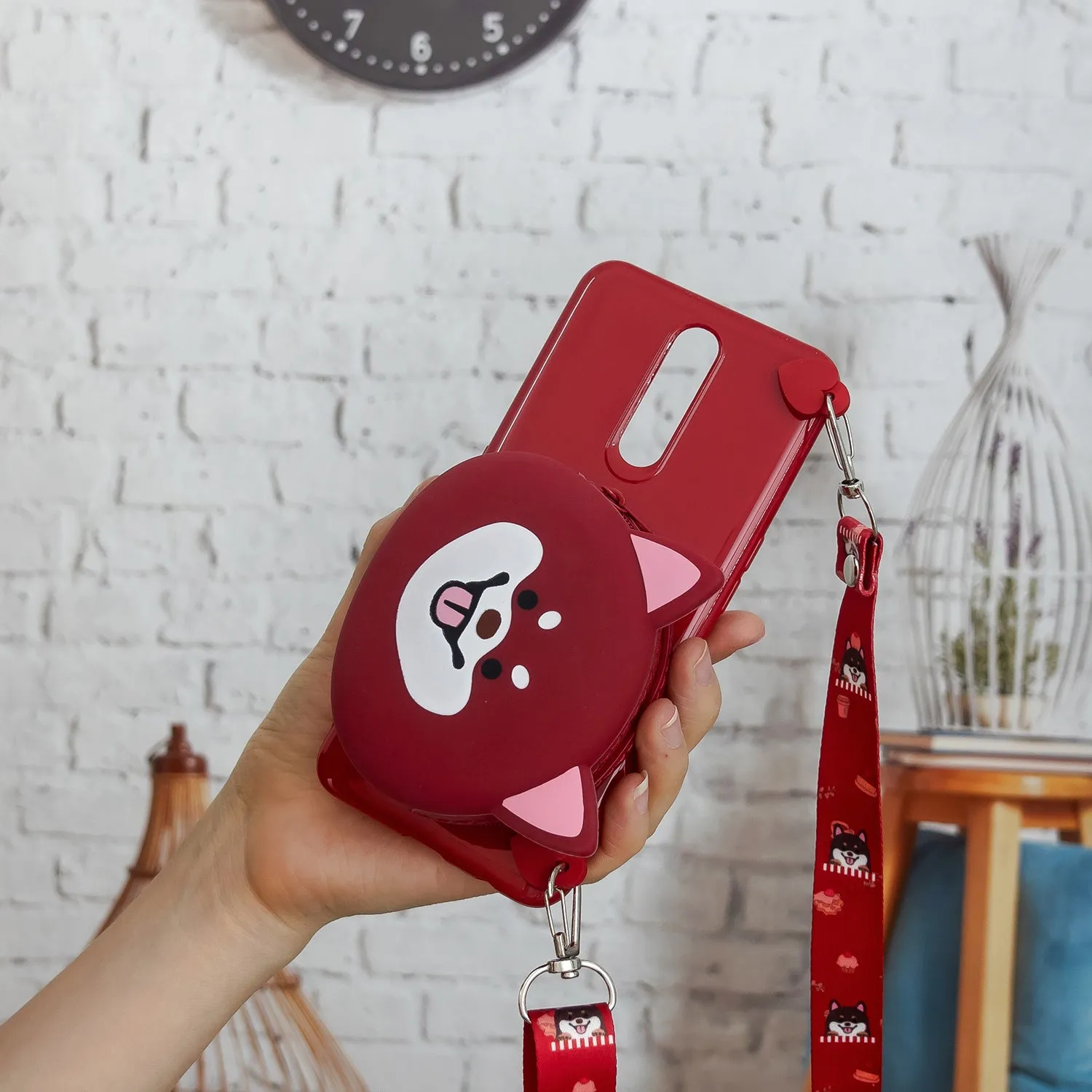 For OPPO F11/F11 Pro Cellphone Case Mobile Phone TPU Shell Shockproof Cover with Cartoon Cat Pig Panda Coin Purse Lovely Shoulder Starp  Red