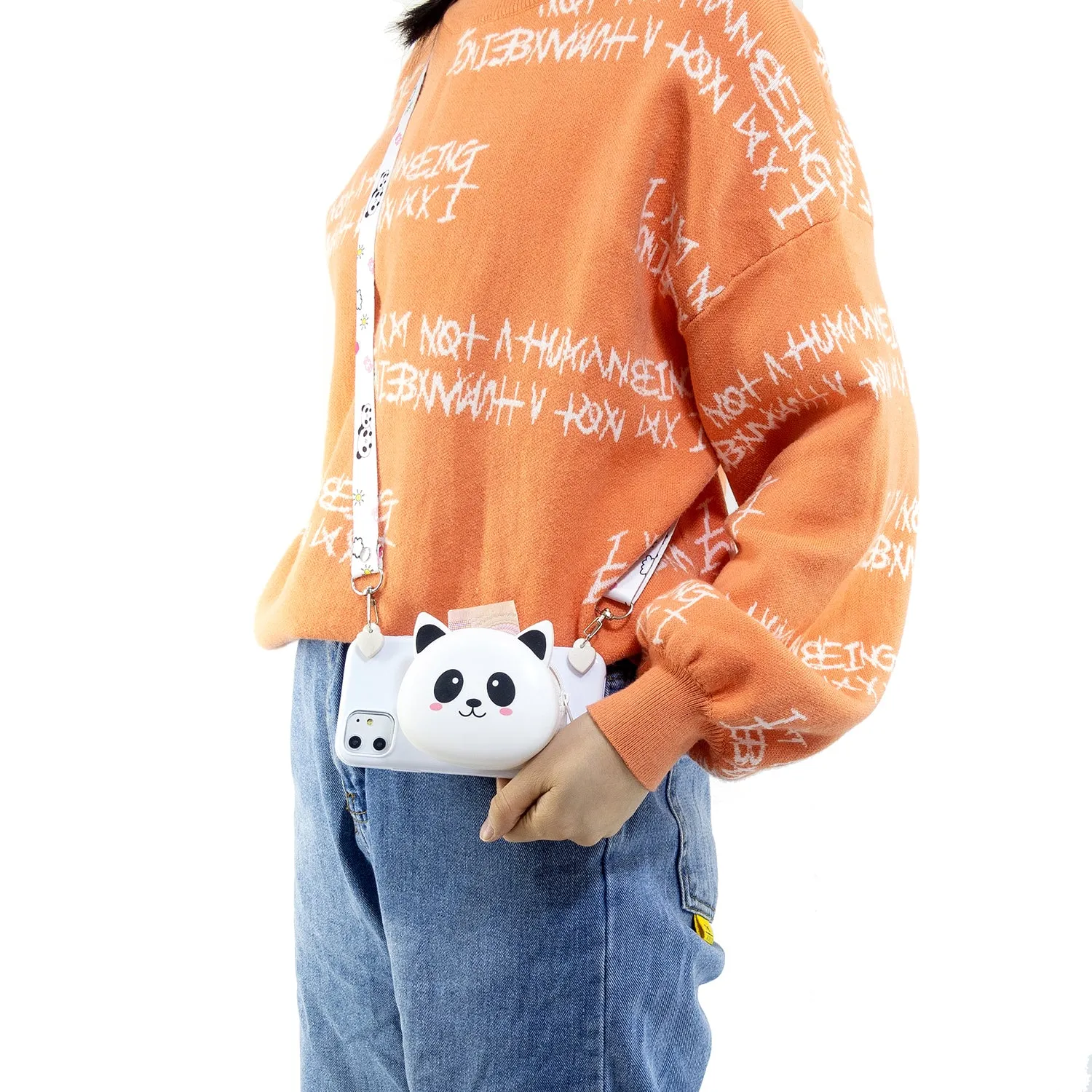 For OPPO F11/F11 Pro Cellphone Case Mobile Phone TPU Shell Shockproof Cover with Cartoon Cat Pig Panda Coin Purse Lovely Shoulder Starp  White