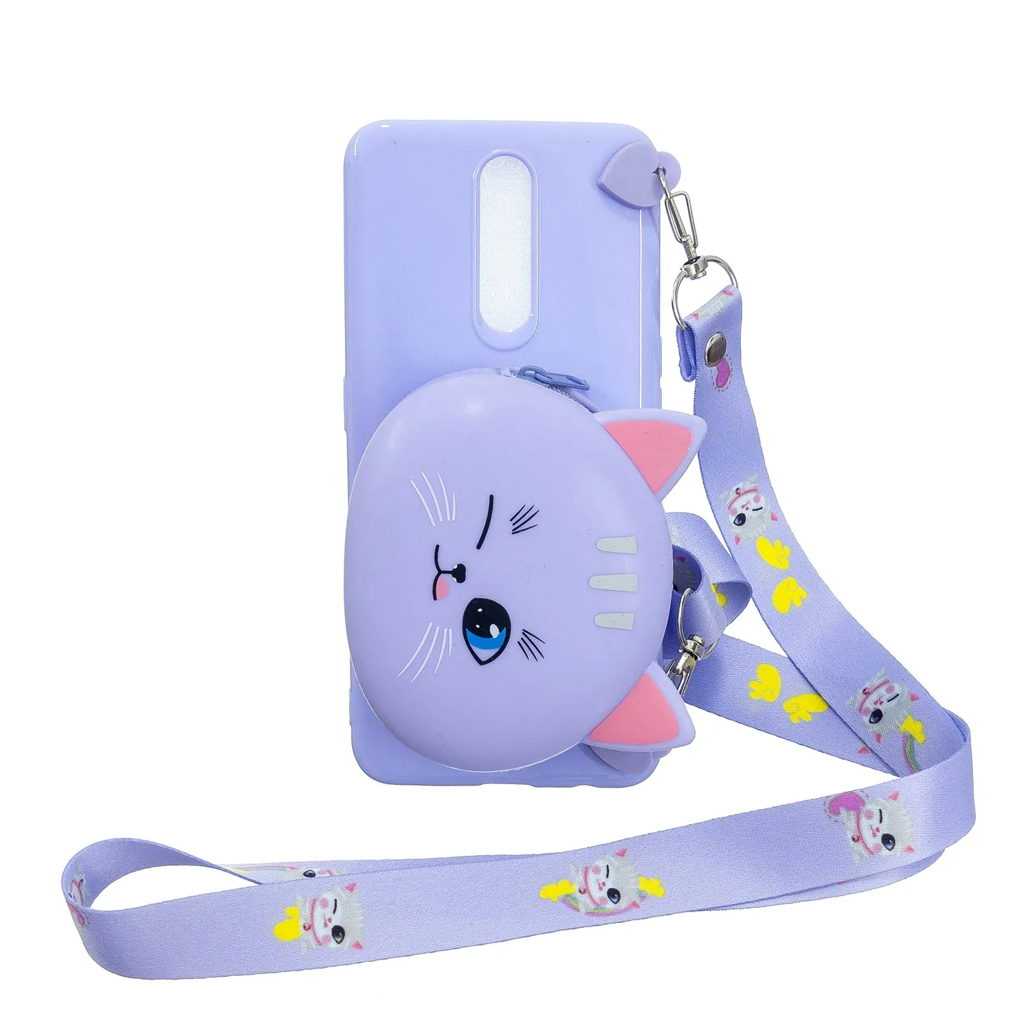 For OPPO F11/F11 Pro Cellphone Case Mobile Phone TPU Shell Shockproof Cover with Cartoon Cat Pig Panda Coin Purse Lovely Shoulder Starp  White