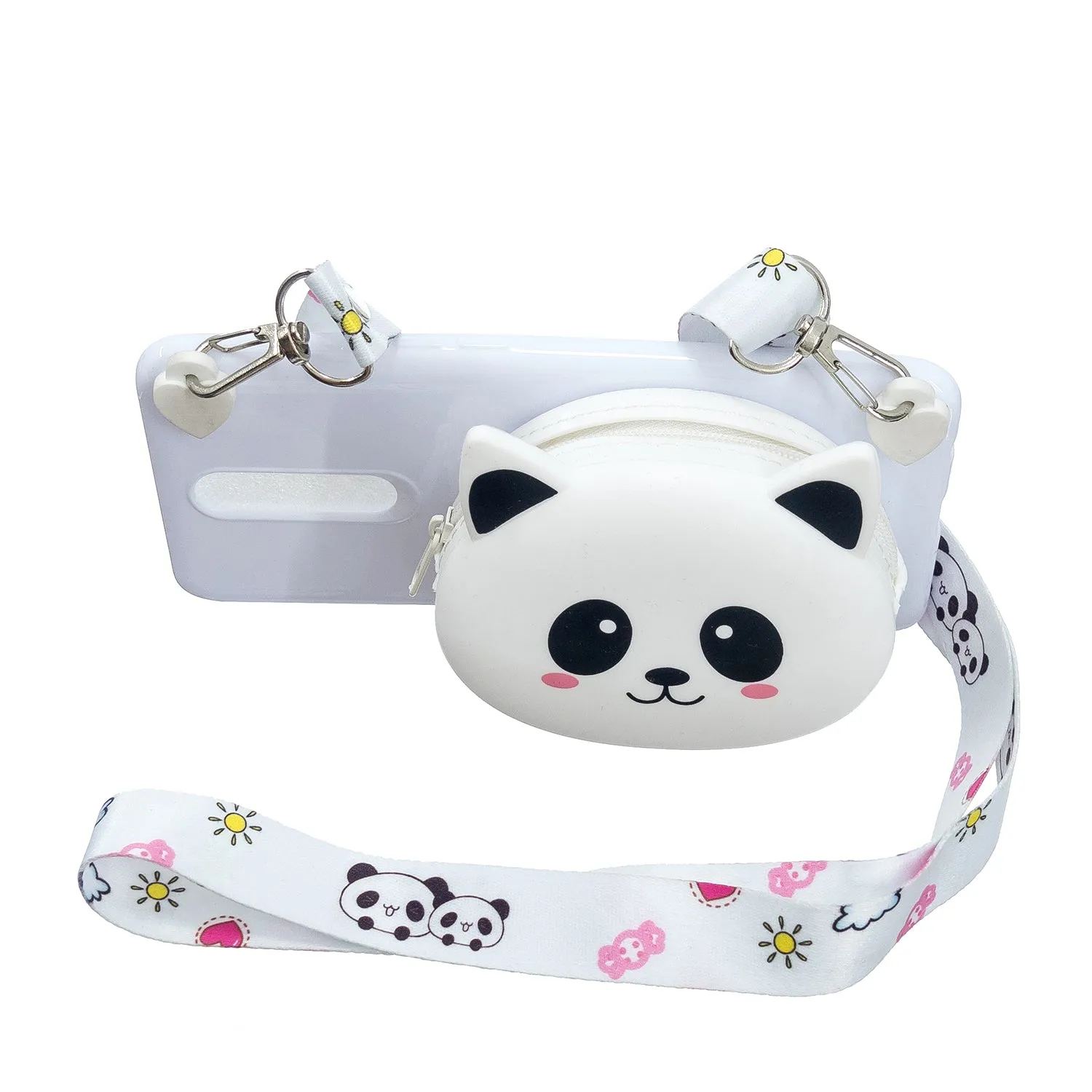 For OPPO F11/F11 Pro Cellphone Case Mobile Phone TPU Shell Shockproof Cover with Cartoon Cat Pig Panda Coin Purse Lovely Shoulder Starp  White