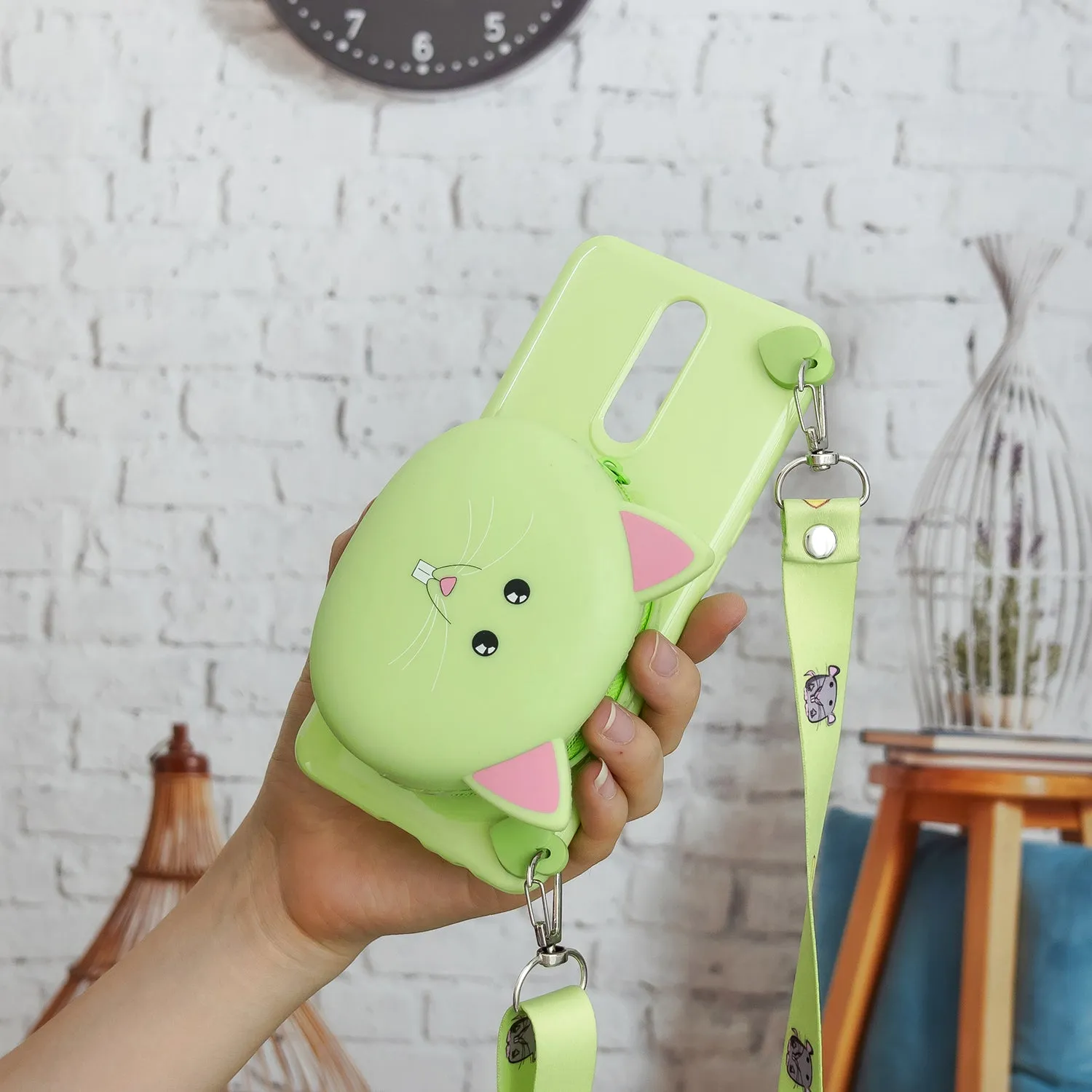 For OPPO F11/F11 Pro Cellphone Case Mobile Phone TPU Shell Shockproof Cover with Cartoon Cat Pig Panda Coin Purse Lovely Shoulder Starp  White