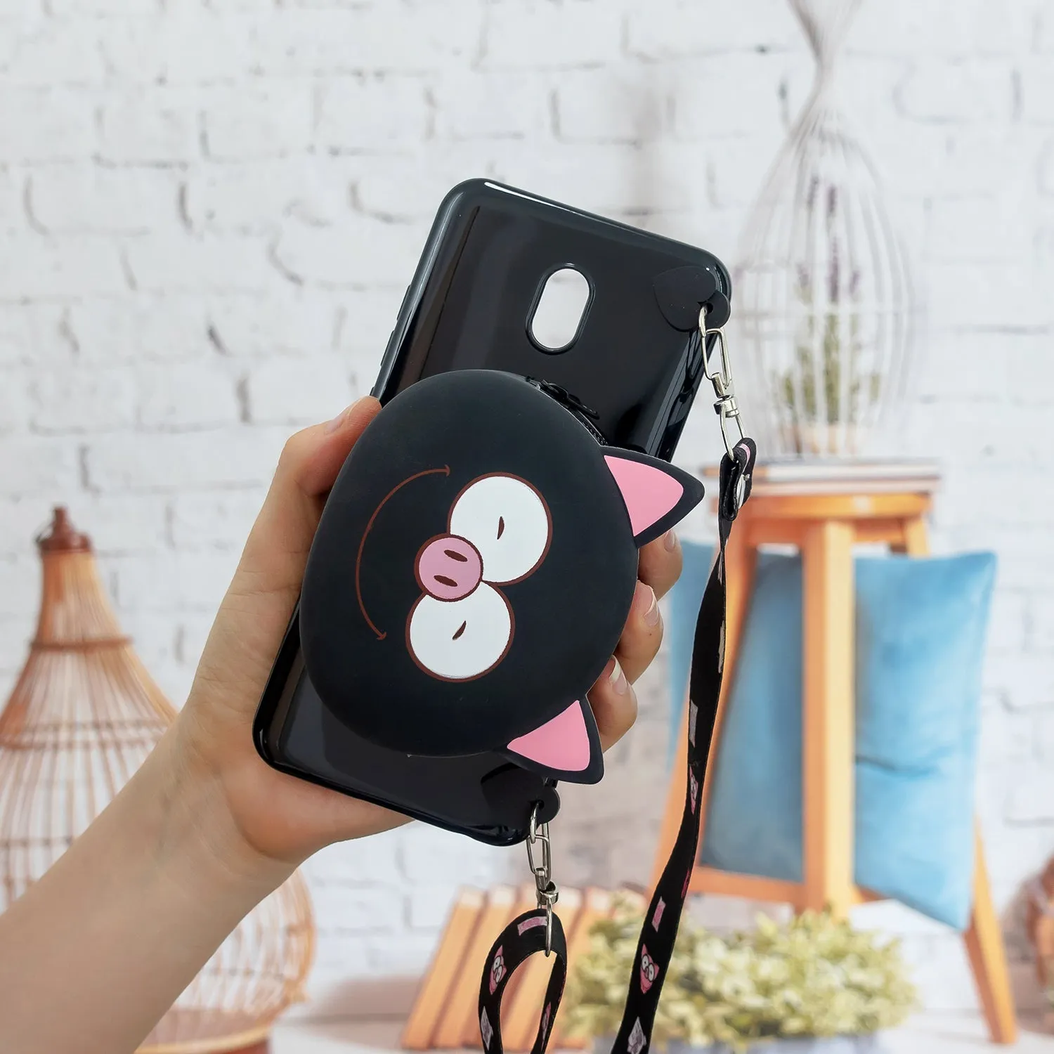 For Redmi 8/Redmi 8A Case Mobile Phone Shell Shockproof Cellphone TPU Cover with Cartoon Cat Pig Panda Coin Purse Lovely Shoulder Starp  Black