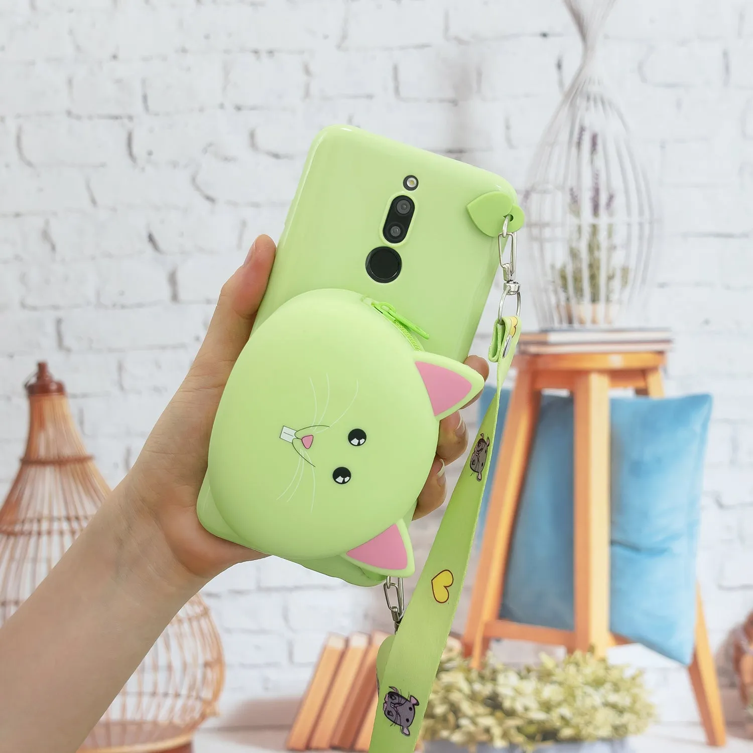For Redmi 8/Redmi 8A Case Mobile Phone Shell Shockproof Cellphone TPU Cover with Cartoon Cat Pig Panda Coin Purse Lovely Shoulder Starp  Green