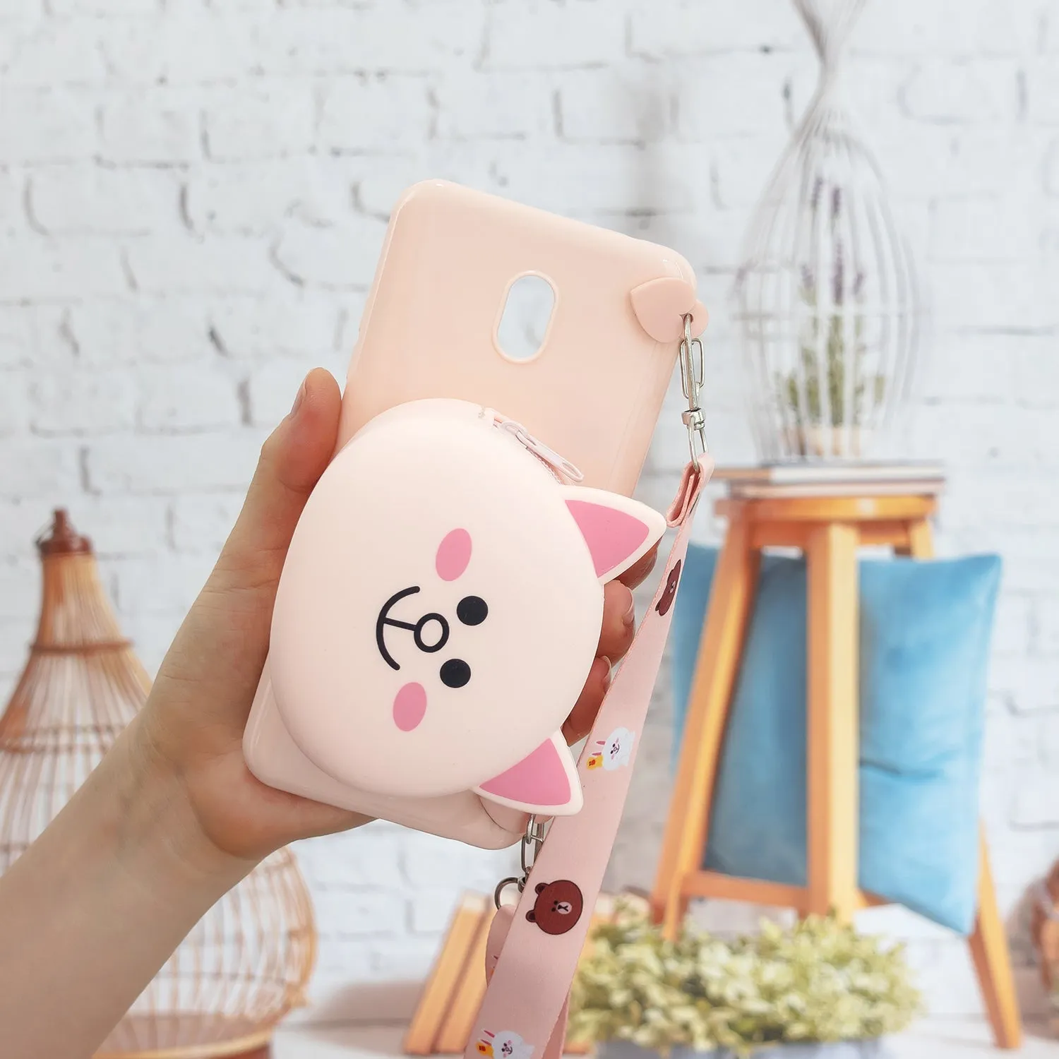 For Redmi 8/Redmi 8A Case Mobile Phone Shell Shockproof Cellphone TPU Cover with Cartoon Cat Pig Panda Coin Purse Lovely Shoulder Starp  Pink