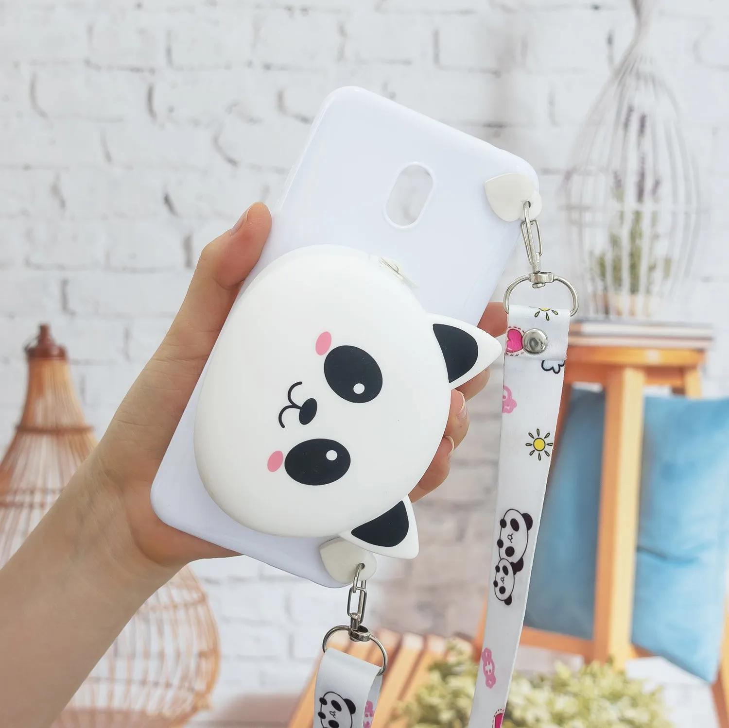 For Redmi 8/Redmi 8A Case Mobile Phone Shell Shockproof Cellphone TPU Cover with Cartoon Cat Pig Panda Coin Purse Lovely Shoulder Starp  White