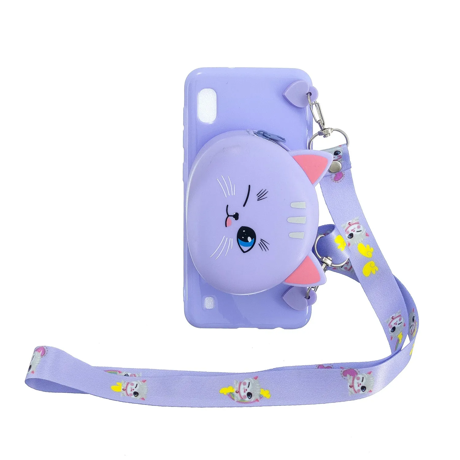 For Samsung A10/A20/A30 Case Mobile Phone Shell Shockproof TPU Cellphone Cover with Cartoon Cat Pig Panda Coin Purse Lovely Shoulder Starp  Black