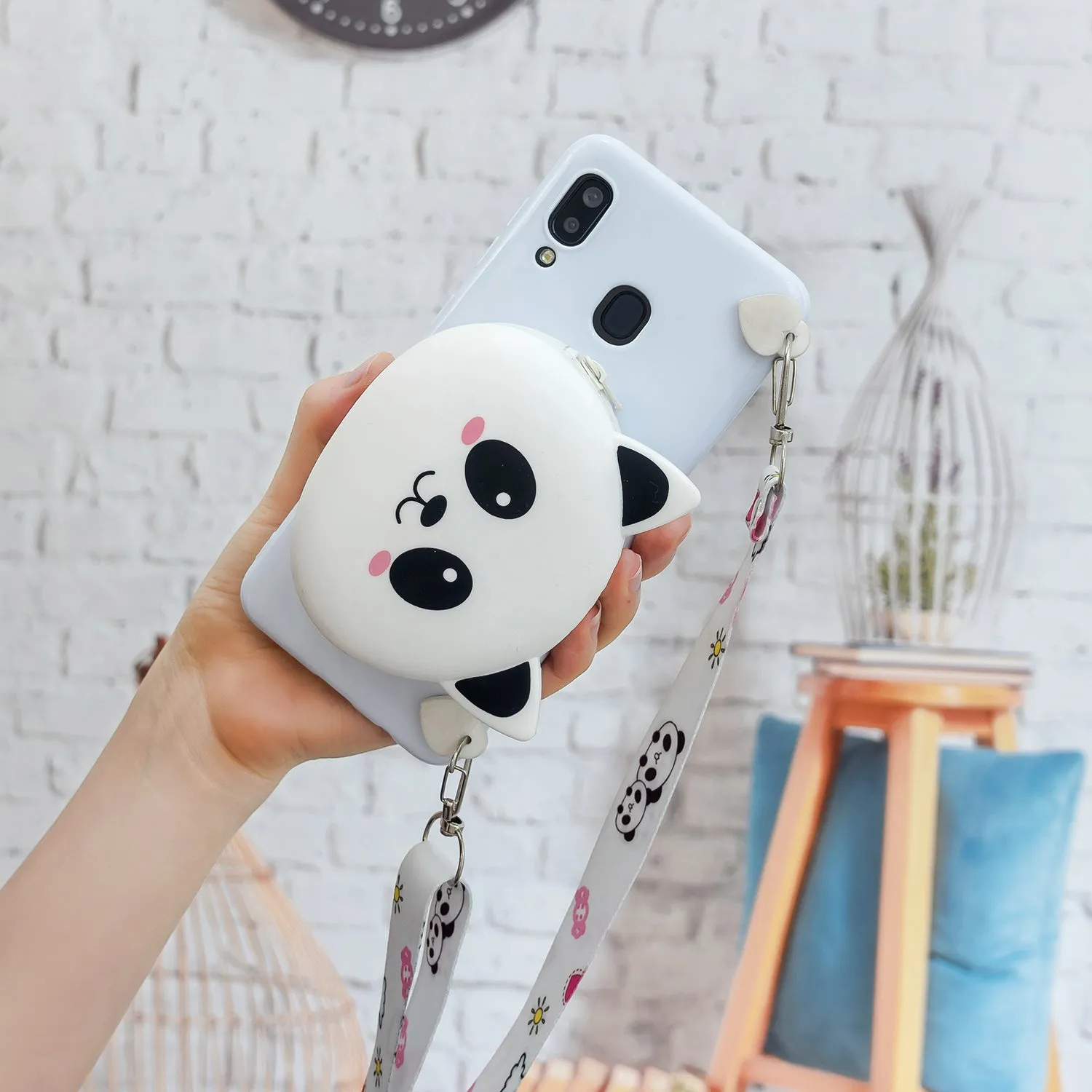 For Samsung A10/A20/A30 Case Mobile Phone Shell Shockproof TPU Cellphone Cover with Cartoon Cat Pig Panda Coin Purse Lovely Shoulder Starp  White