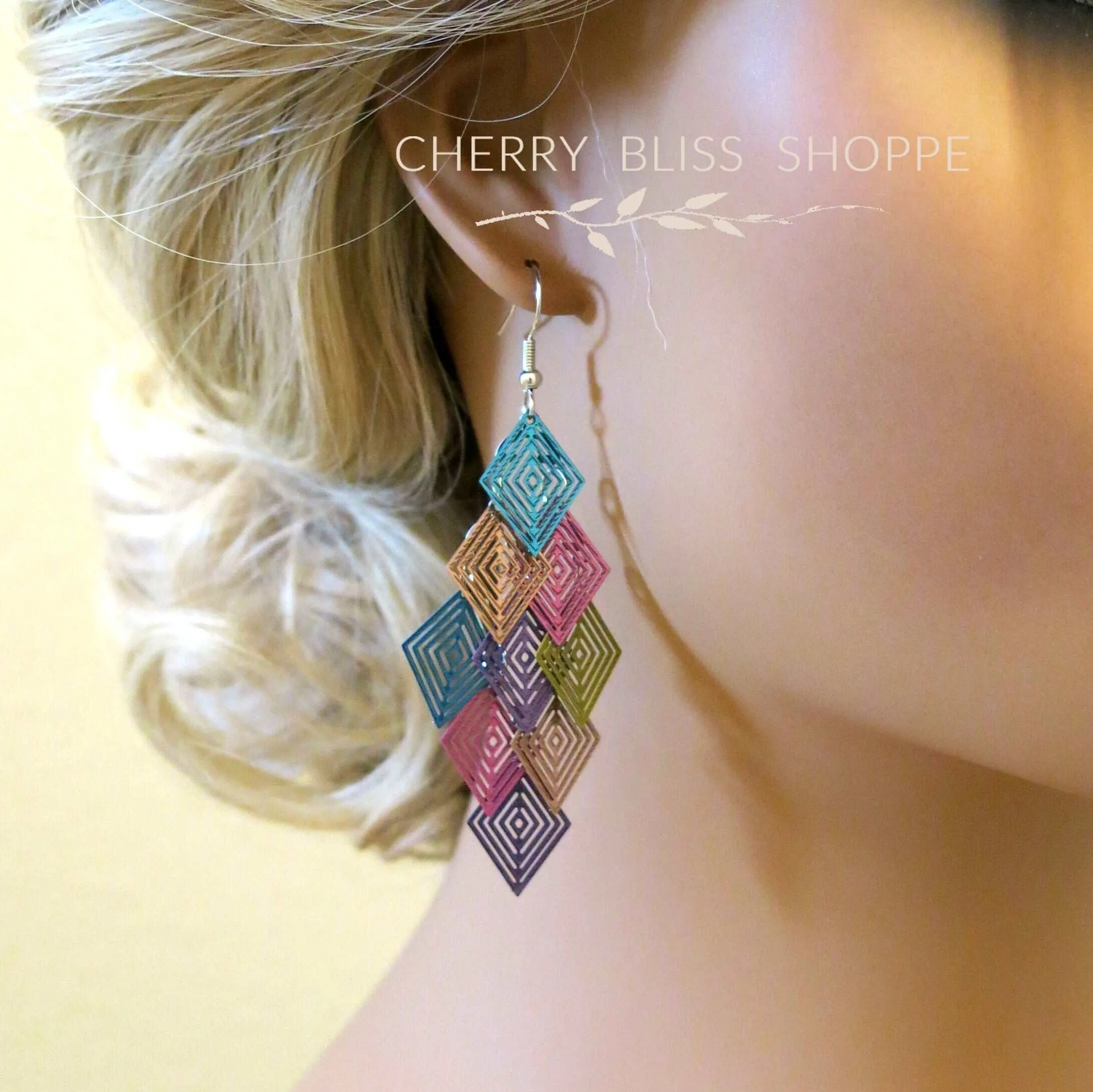 Geometric Laser Cut Dangle Earrings, Multicolored Layered Statement Earrings, Square Multi Color Earrings