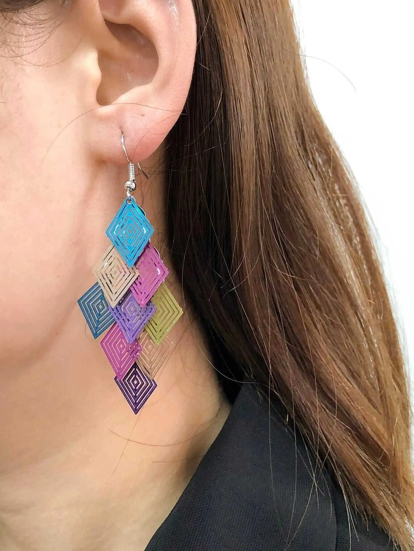 Geometric Laser Cut Dangle Earrings, Multicolored Layered Statement Earrings, Square Multi Color Earrings