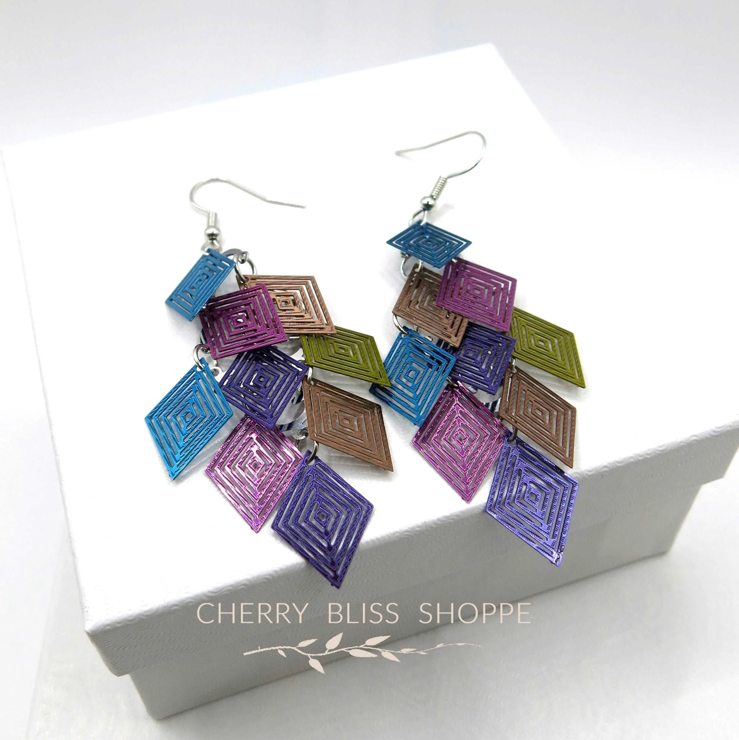 Geometric Laser Cut Dangle Earrings, Multicolored Layered Statement Earrings, Square Multi Color Earrings