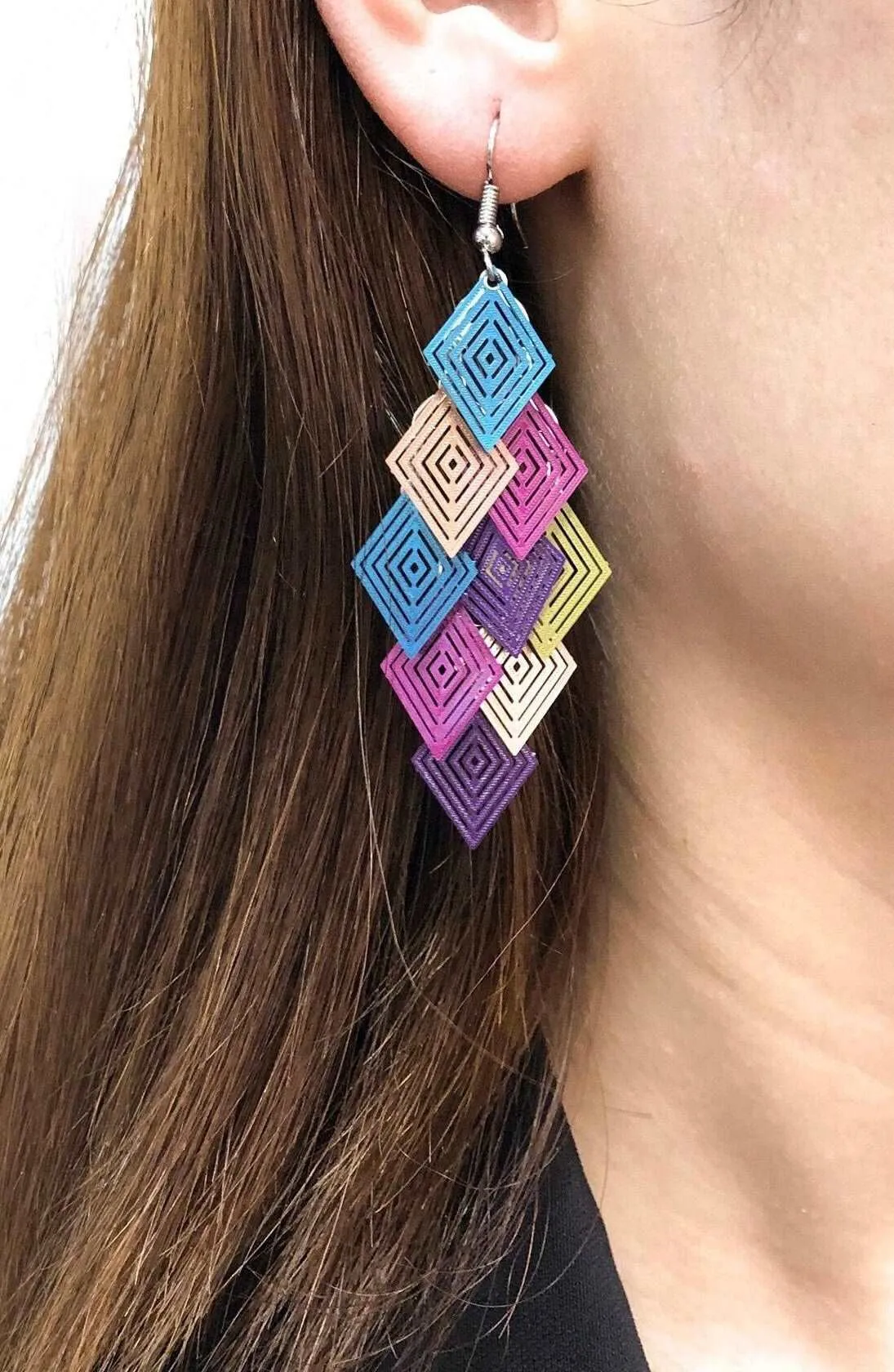 Geometric Laser Cut Dangle Earrings, Multicolored Layered Statement Earrings, Square Multi Color Earrings