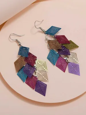 Geometric Laser Cut Dangle Earrings, Multicolored Layered Statement Earrings, Square Multi Color Earrings