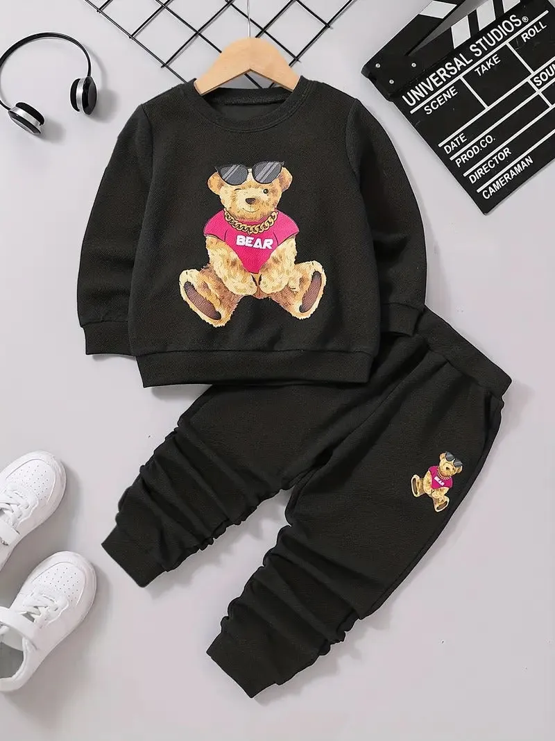 Girl's Cartoon Teddy Bear Printed Black Sweat Suit