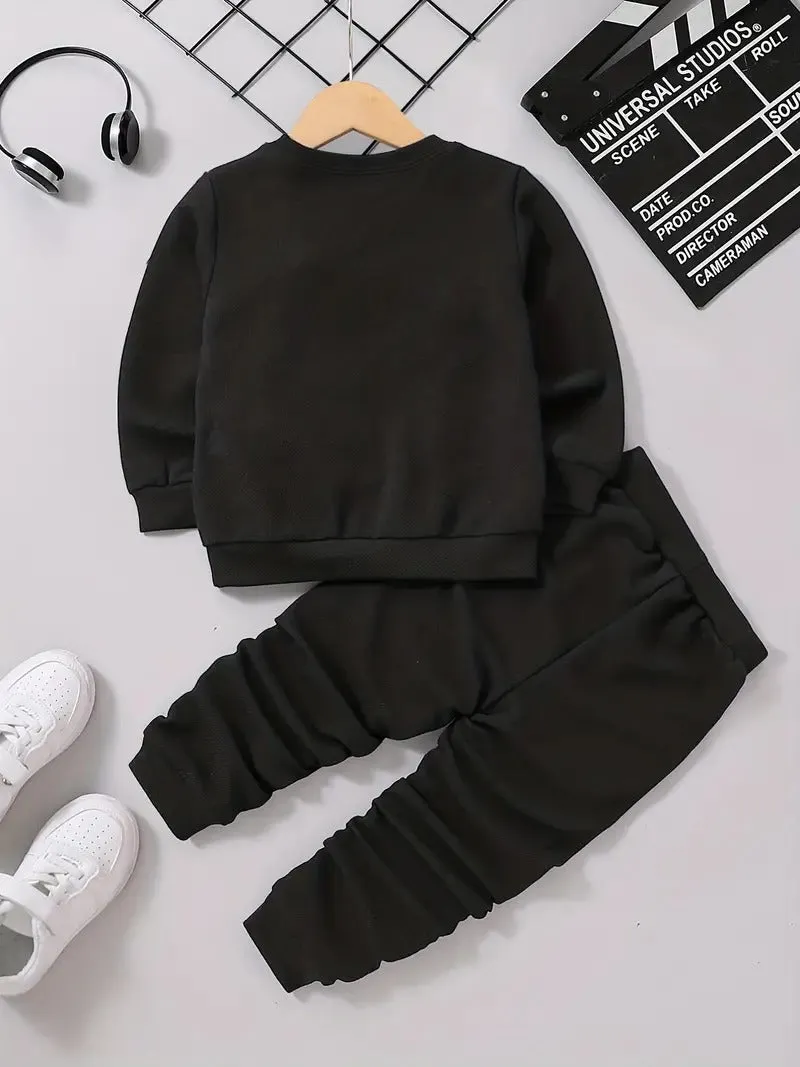 Girl's Cartoon Teddy Bear Printed Black Sweat Suit