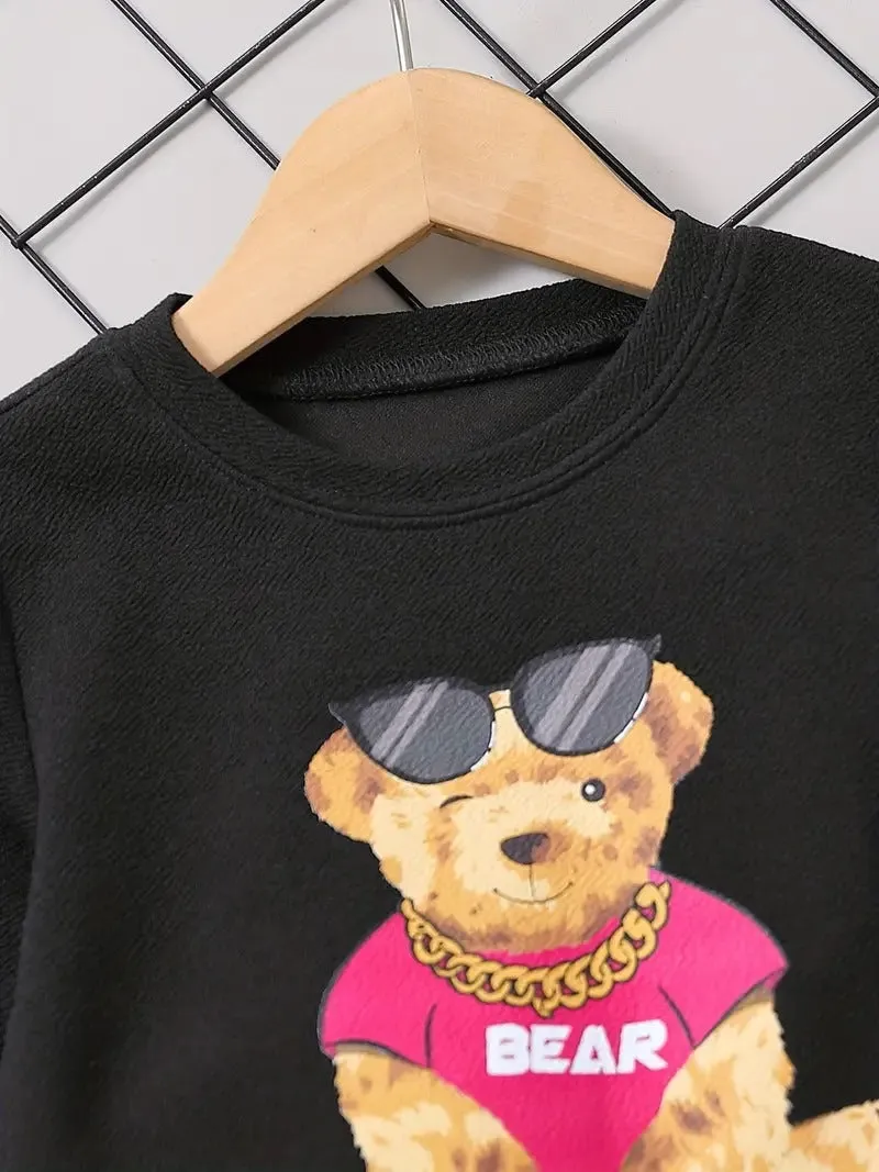 Girl's Cartoon Teddy Bear Printed Black Sweat Suit