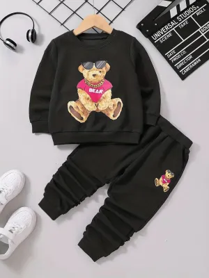 Girl's Cartoon Teddy Bear Printed Black Sweat Suit