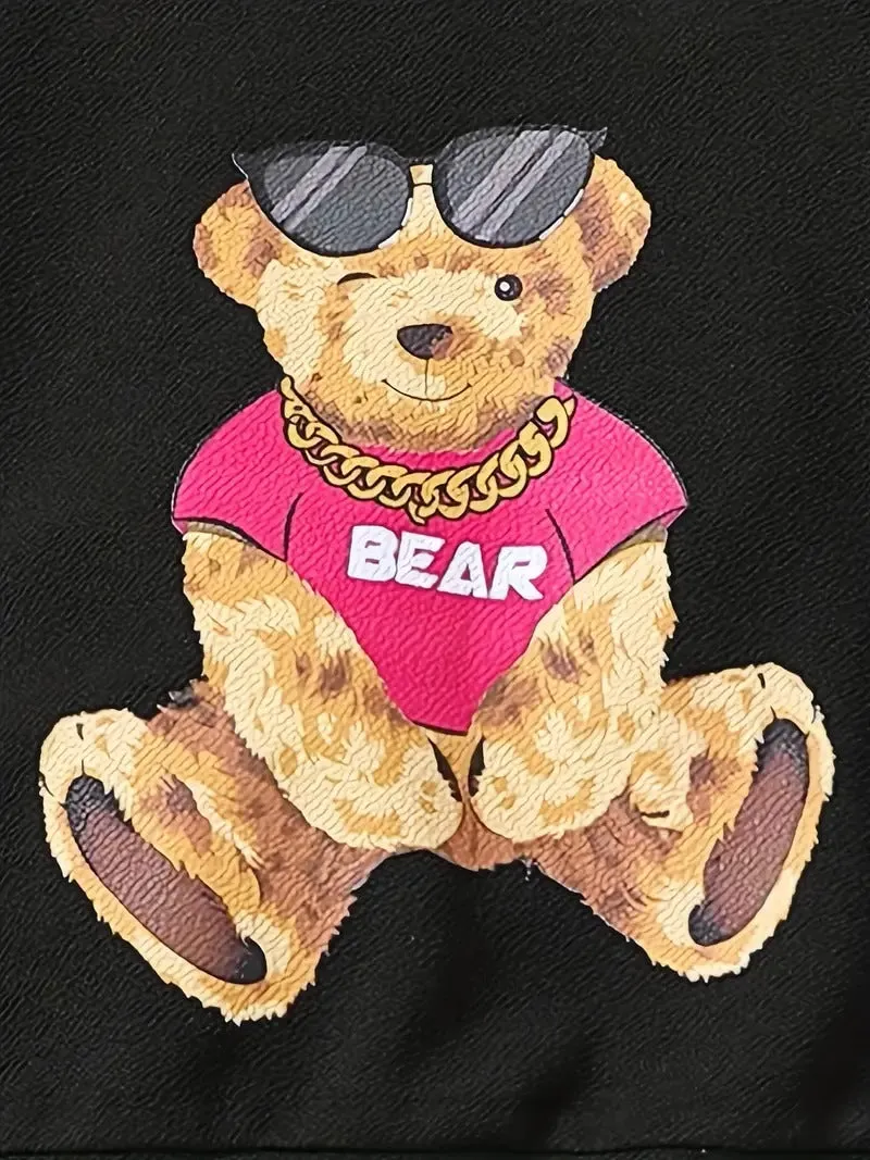 Girl's Cartoon Teddy Bear Printed Black Sweat Suit