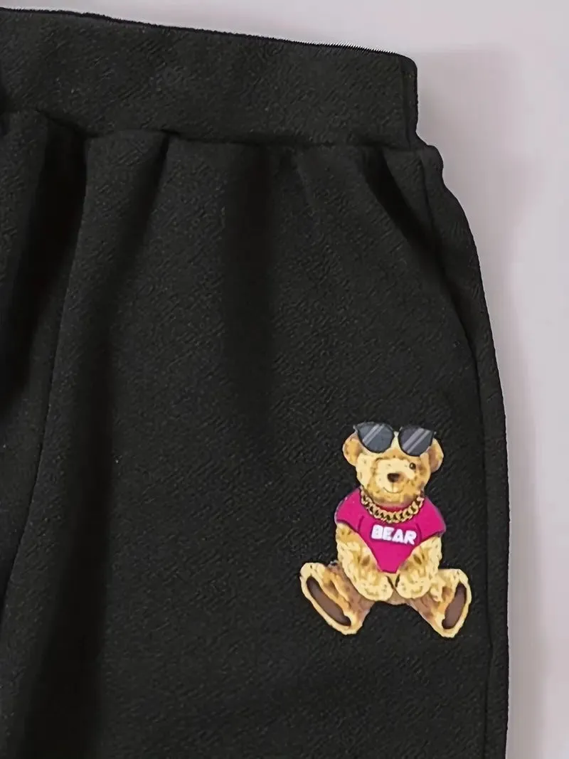 Girl's Cartoon Teddy Bear Printed Black Sweat Suit