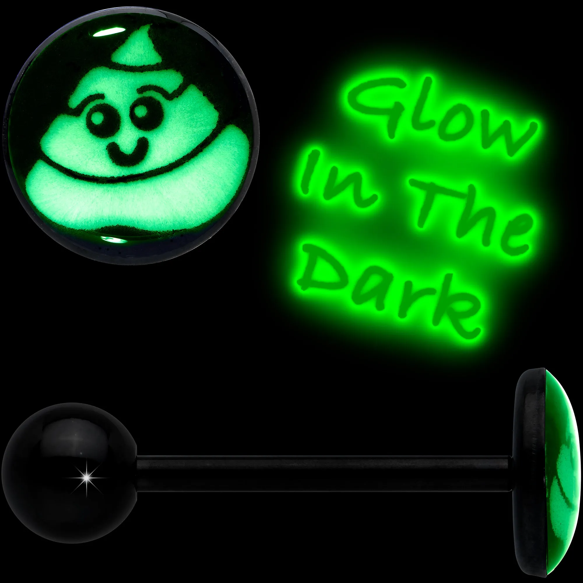 Glow in the Dark Black Anodized Poop Barbell Tongue Ring
