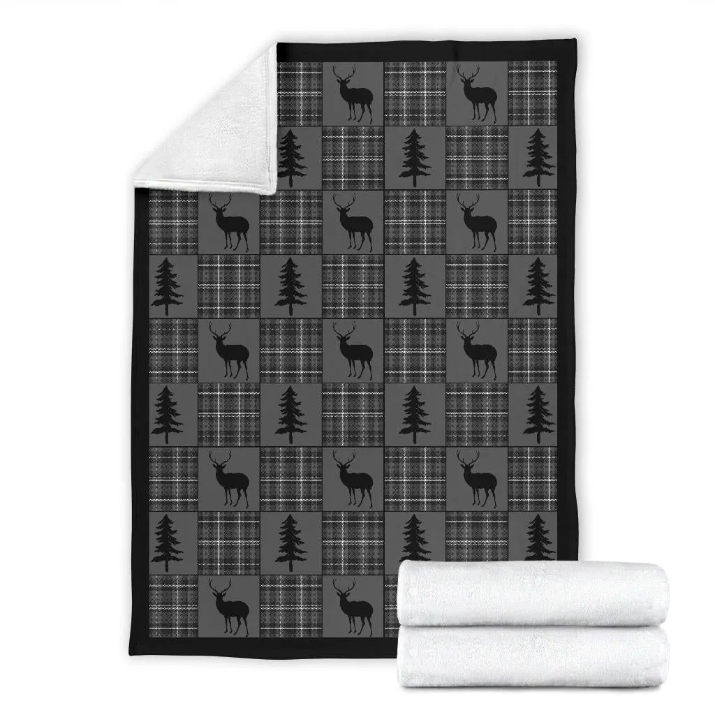 Gray and Black Plaid With Buck and Pine Trees Rustic Patchwork Pattern Fleece Throw Blanket