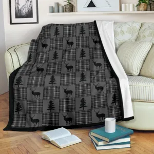 Gray and Black Plaid With Buck and Pine Trees Rustic Patchwork Pattern Fleece Throw Blanket