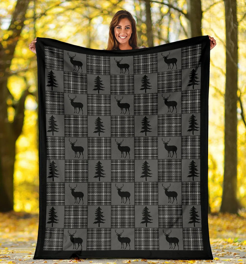 Gray and Black Plaid With Buck and Pine Trees Rustic Patchwork Pattern Fleece Throw Blanket