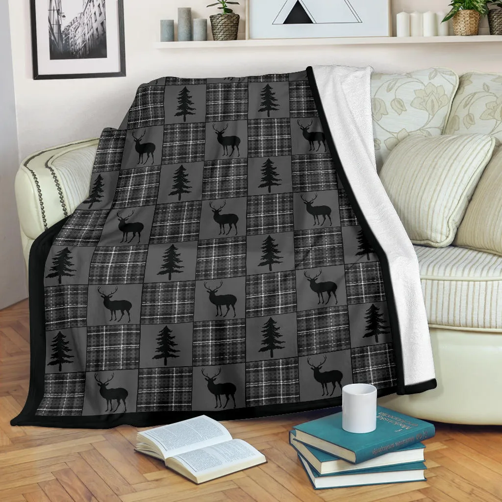Gray and Black Plaid With Buck and Pine Trees Rustic Patchwork Pattern Fleece Throw Blanket