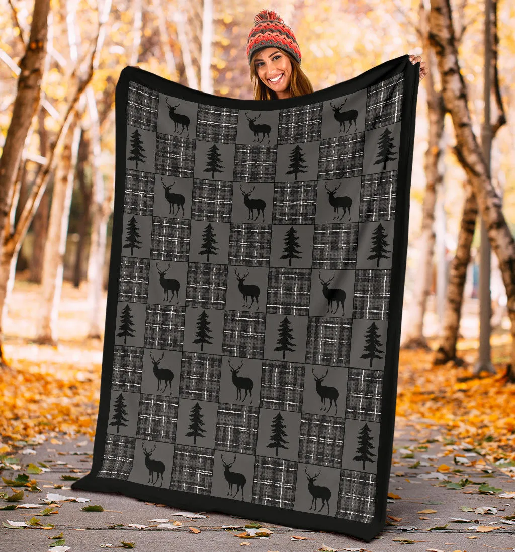 Gray and Black Plaid With Buck and Pine Trees Rustic Patchwork Pattern Fleece Throw Blanket