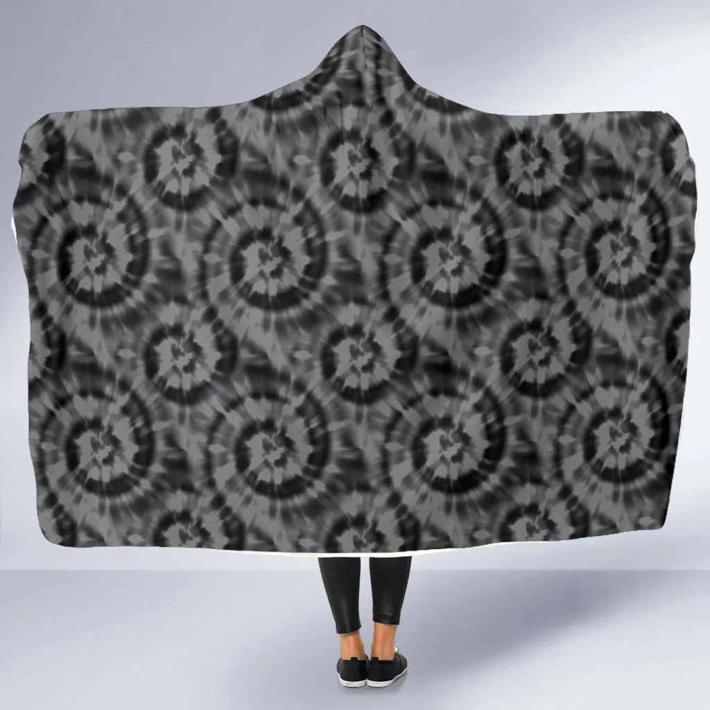 Gray and Black Tie Dye Hooded Blanket With White Fleece Lining