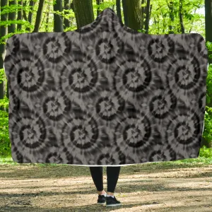 Gray and Black Tie Dye Hooded Blanket With White Fleece Lining