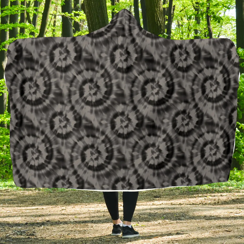Gray and Black Tie Dye Hooded Blanket With White Fleece Lining