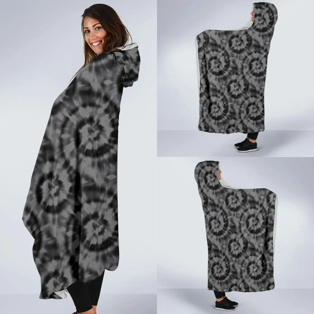 Gray and Black Tie Dye Hooded Blanket With White Fleece Lining