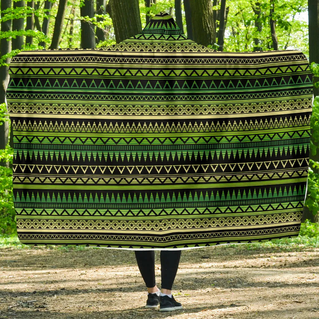 Green With Black Ethnic Tribal Pattern Hooded Blanket