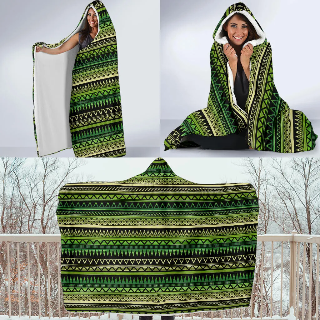 Green With Black Ethnic Tribal Pattern Hooded Blanket