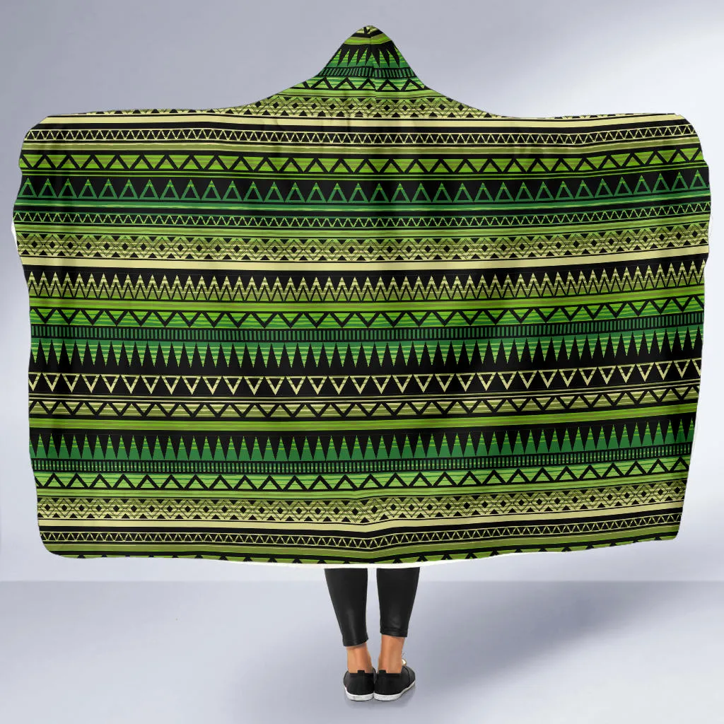 Green With Black Ethnic Tribal Pattern Hooded Blanket