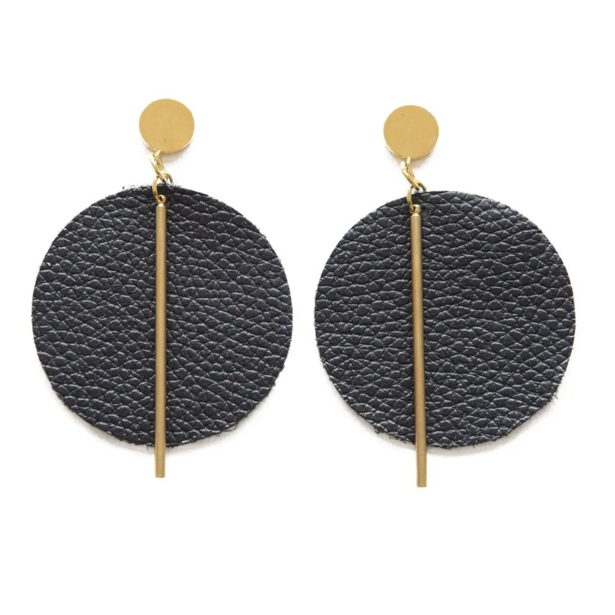 Ink Alloy Leather Circle with Brass Post Earrings - Black