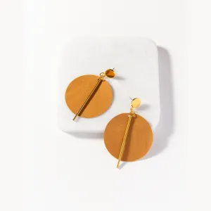 Ink Alloy Leather Circle with Brass Post Earrings - Camel