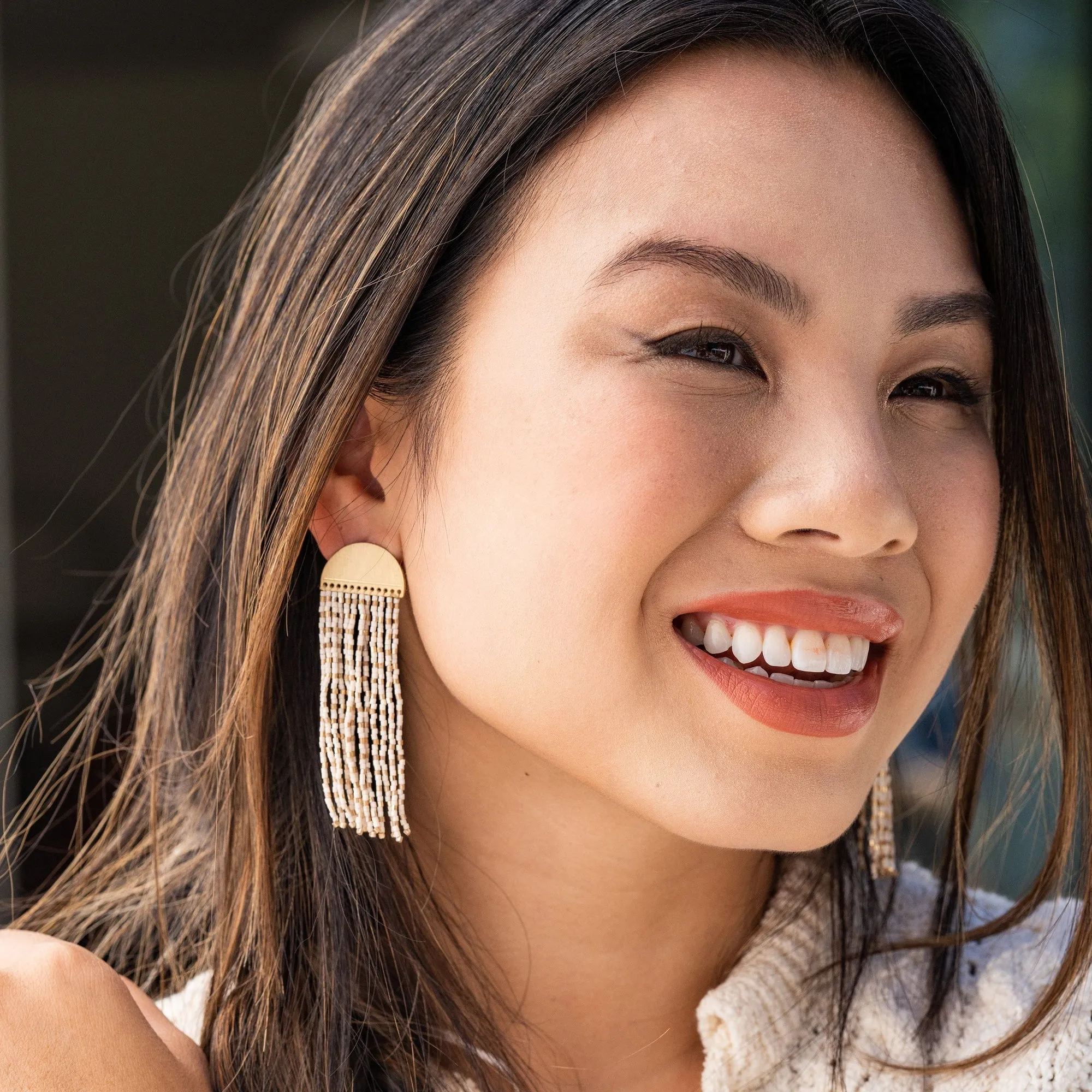 Ivory Gold Fringe Beads Brass Half Circle Post Earrings