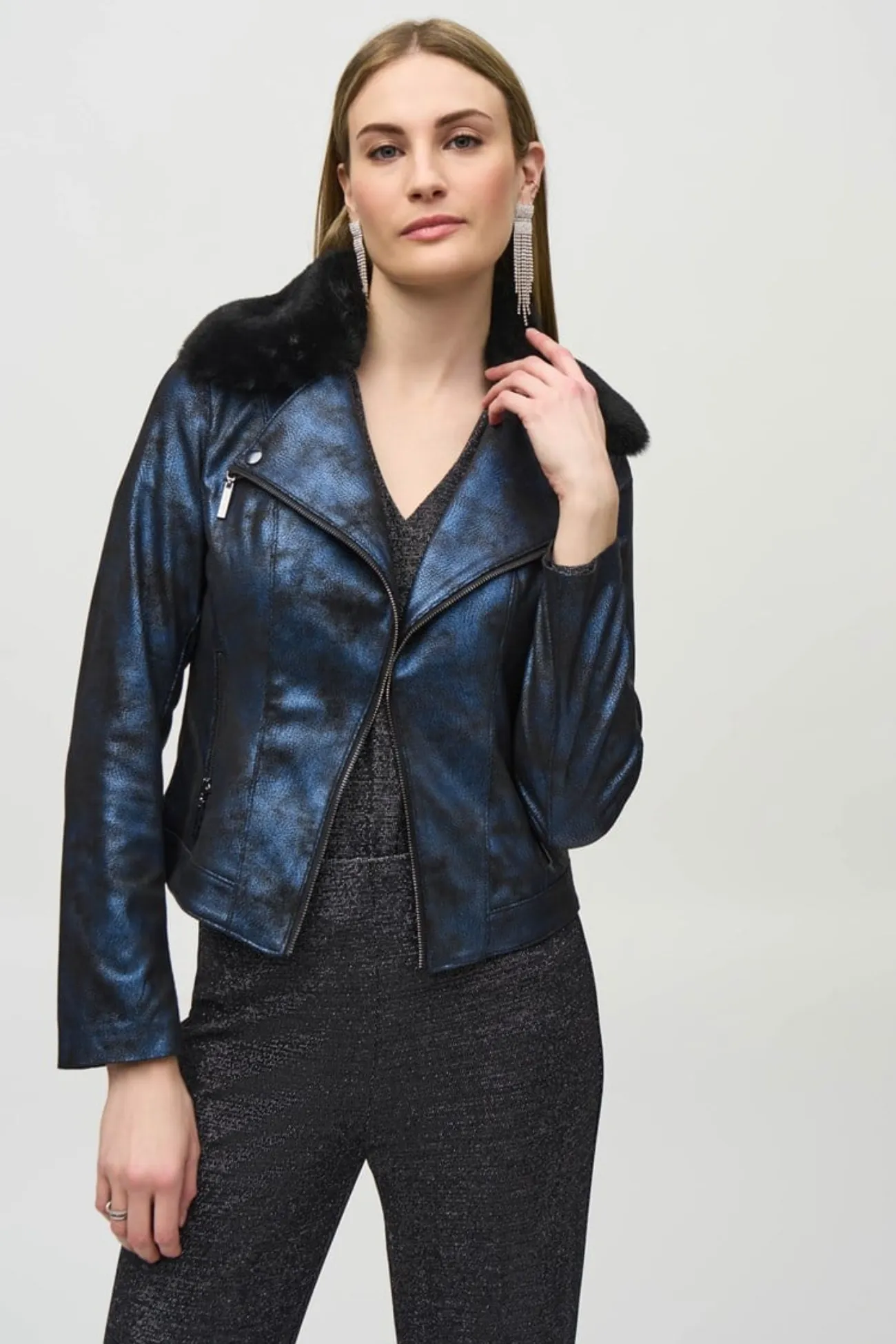 Joseph Ribkoff Faux Fur Collared Foiled Suede Jacket