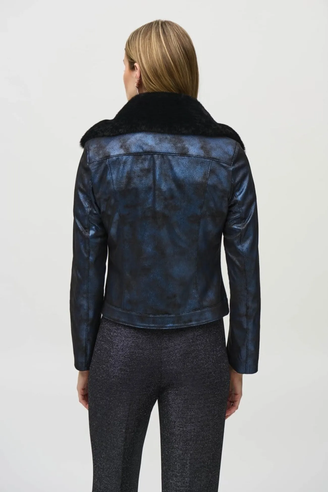 Joseph Ribkoff Faux Fur Collared Foiled Suede Jacket
